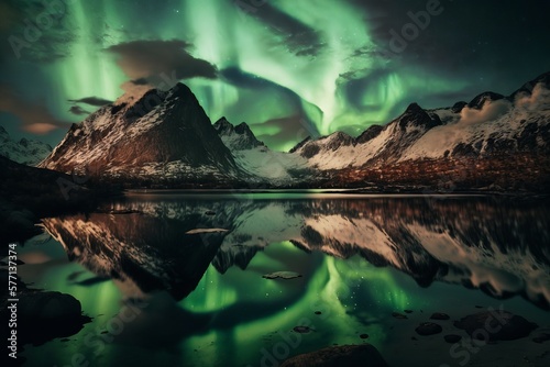 Aurora borealis on the Norway. Green northern lights above mountains. Night sky with polar lights.Generative AI