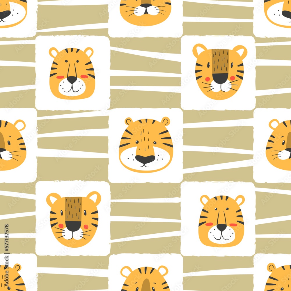 Seamless childish pattern with cartoon tigers. Vector cute animal illustration Seamless childish pattern with cartoon tigers. Vector cute animal illustration