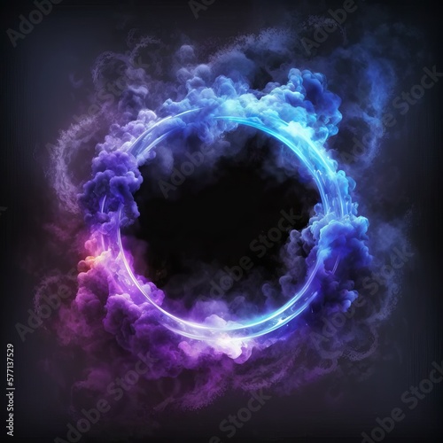 illustration of neon smoke exploding outwards with empty center. Dramatic smoke or fog effect for spooky, hot lighting ring circle Generative AI © Suleyman