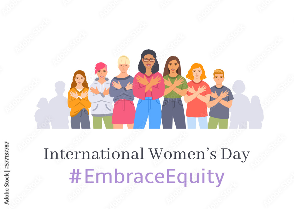 Embrace equity campaign. International Women's Day 2023 theme. Smiling diverse women and men hugging themselves to stop gender discrimination and stereotypes. Gender equal inclusive world.