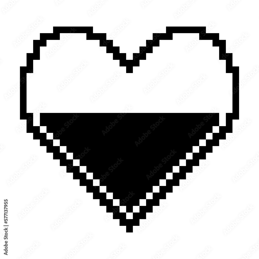 Half heart gameicon black-white vector pixel art icon	