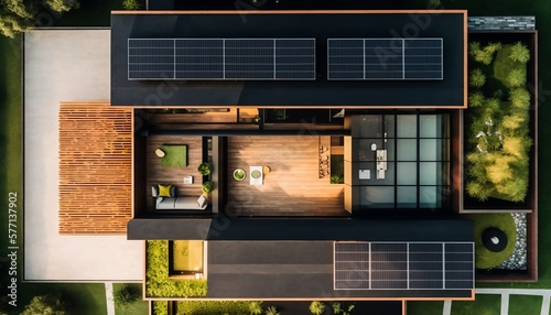 Aerial view Modern House with Solar Panels and Natural Surroundings. Generative AI.
