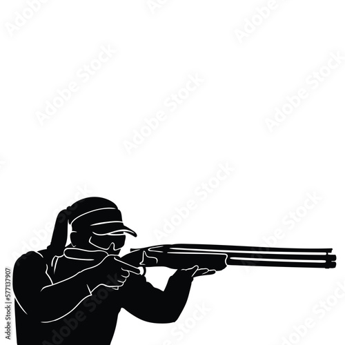 Trap shooting, aiming athlete with gun, isolated vector silhouette. Ink drawing photo
