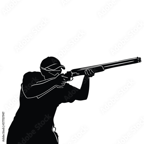 Trap shooting, aiming athlete with gun, isolated vector silhouette. Ink drawing
