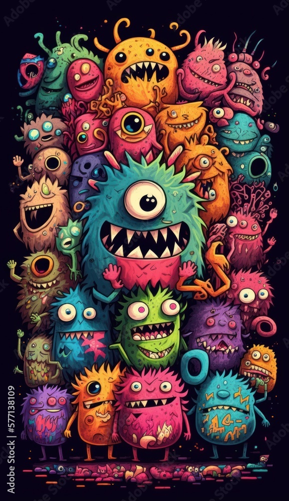 Abstract Illustration of many emotional cute monsters, neon watercolors style, on black, ai generated