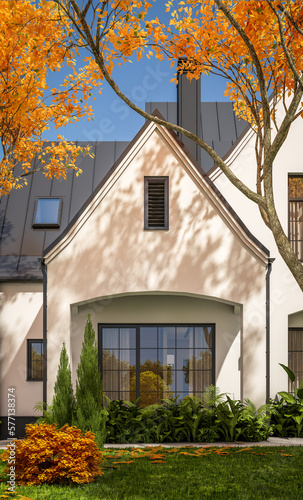 3d rendering of cute cozy white and black modern Tudor style house with parking  and pool for sale or rent with beautiful landscaping. Fairy roofs. Clear sunny autumn day with golden leaves anywhere