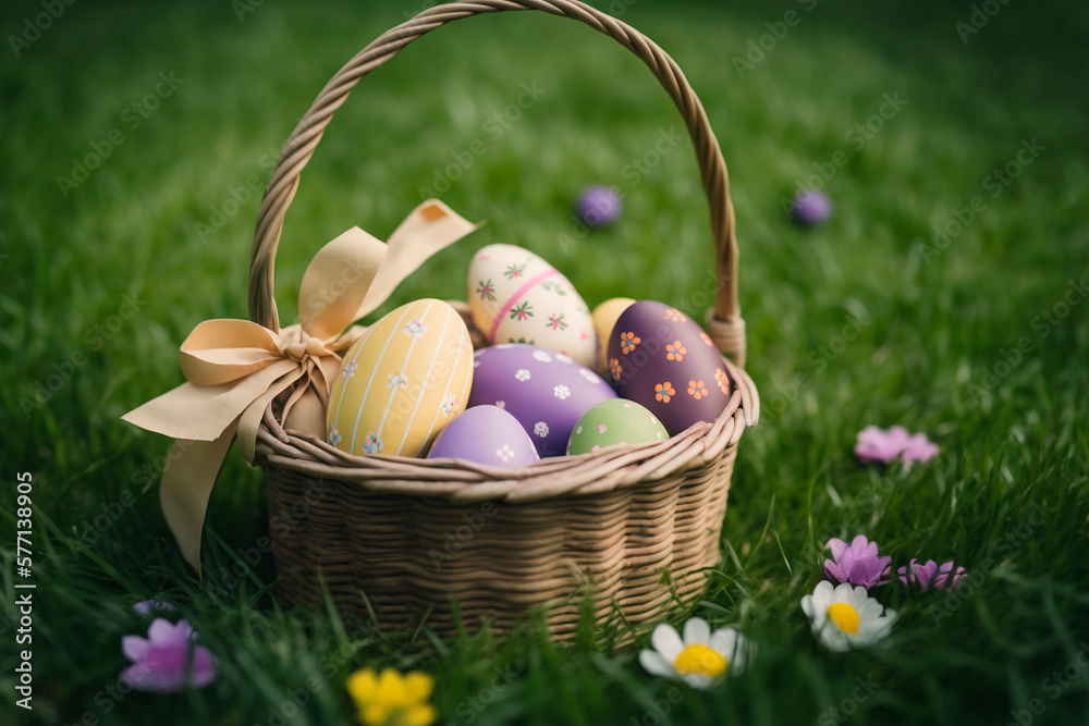 Eggs decorated in basket along with flowers herbal background. Generative AI. Happy Easter concept, tradition, religion, family. Template for holiday greeting card, article, advertisement.