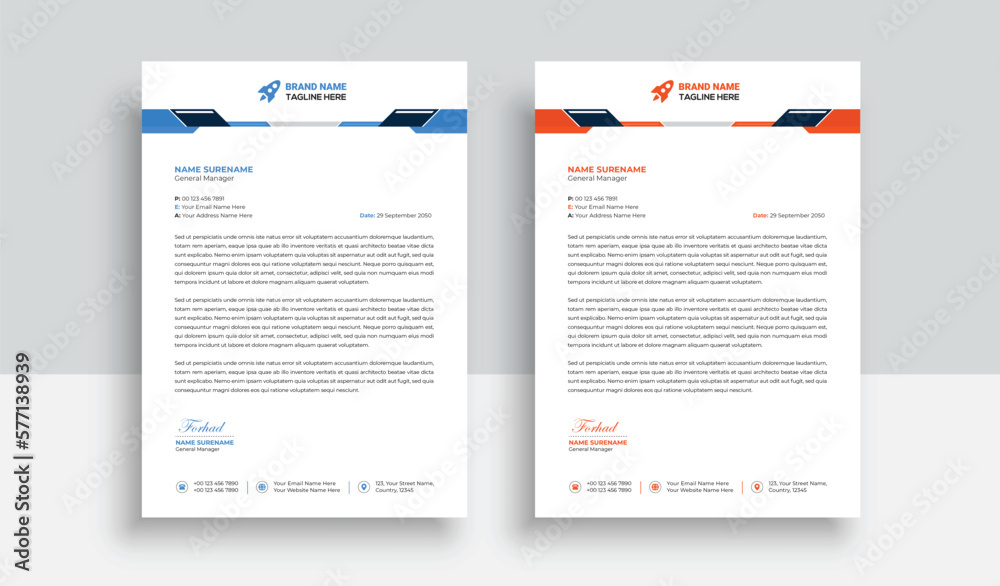 Clean and professional corporate company business letterhead template design with color variation bundle with blue, red elements and creative business stationery layout