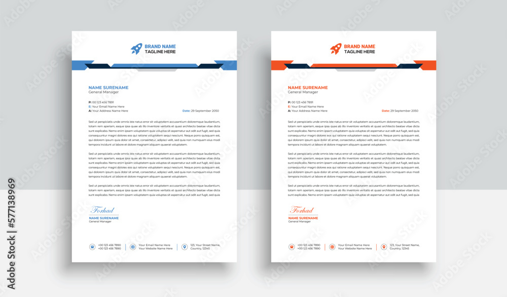 Clean and professional corporate company business letterhead template design with color variation bundle with blue, red elements and creative business stationery layout