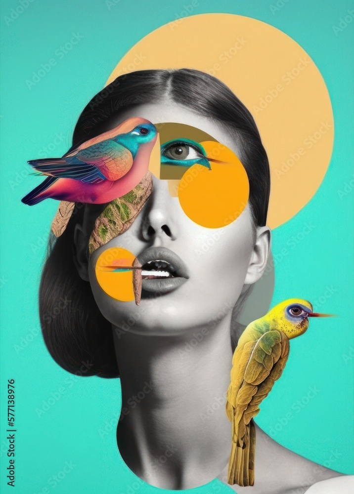 Naklejka premium Abstract contemporary art portrait of woman. Bird and color paint stains on face. Modern design of colorful and conceptual bright art collage. AI Generated
