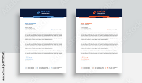 Clean and professional corporate company business letterhead template design with color variation bundle with blue, red elements and creative business stationery layout