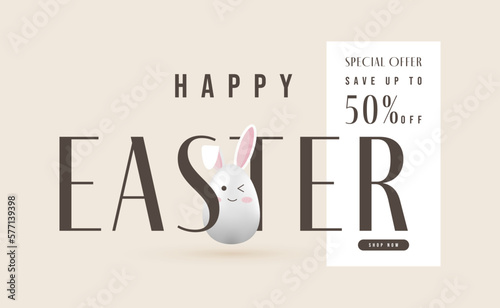 Sale banner, happy easter poster with cute egg bunny design, 3d vector illustration