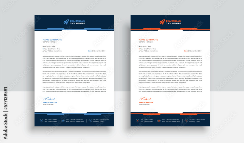 Clean and professional corporate company business letterhead template design with color variation bundle with blue, red elements and creative business stationery layout