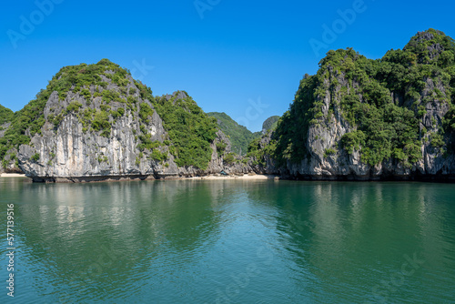 Vietnam, the Halong Bay. Limestone islands around the Dau Be part.