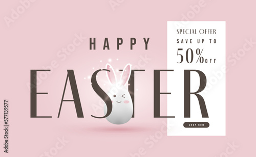 Sale banner, happy easter poster with cute egg bunny design, 3d vector illustration