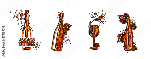 Wine Designs - Collection of wine glasses and bottles. Sketch vector illustration. Hand drawn elements for invitation cards, advertising banner and menu cards. Wine glasses with splashing wine.