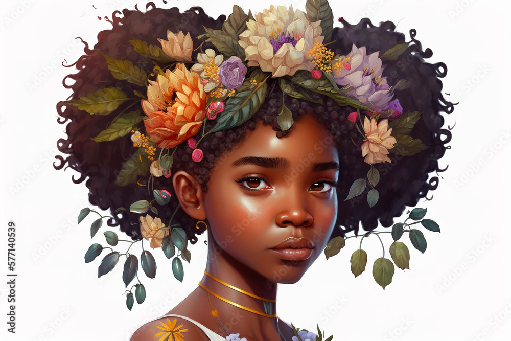 Beauty portrait of african american girl with flowers on her head on white  background, afro-american girl with flowers in hair, generative ai Stock  Illustration | Adobe Stock