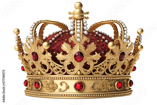 Gold crown with red jewels isolated. Mediaval crown on a transparent background. Generative AI
