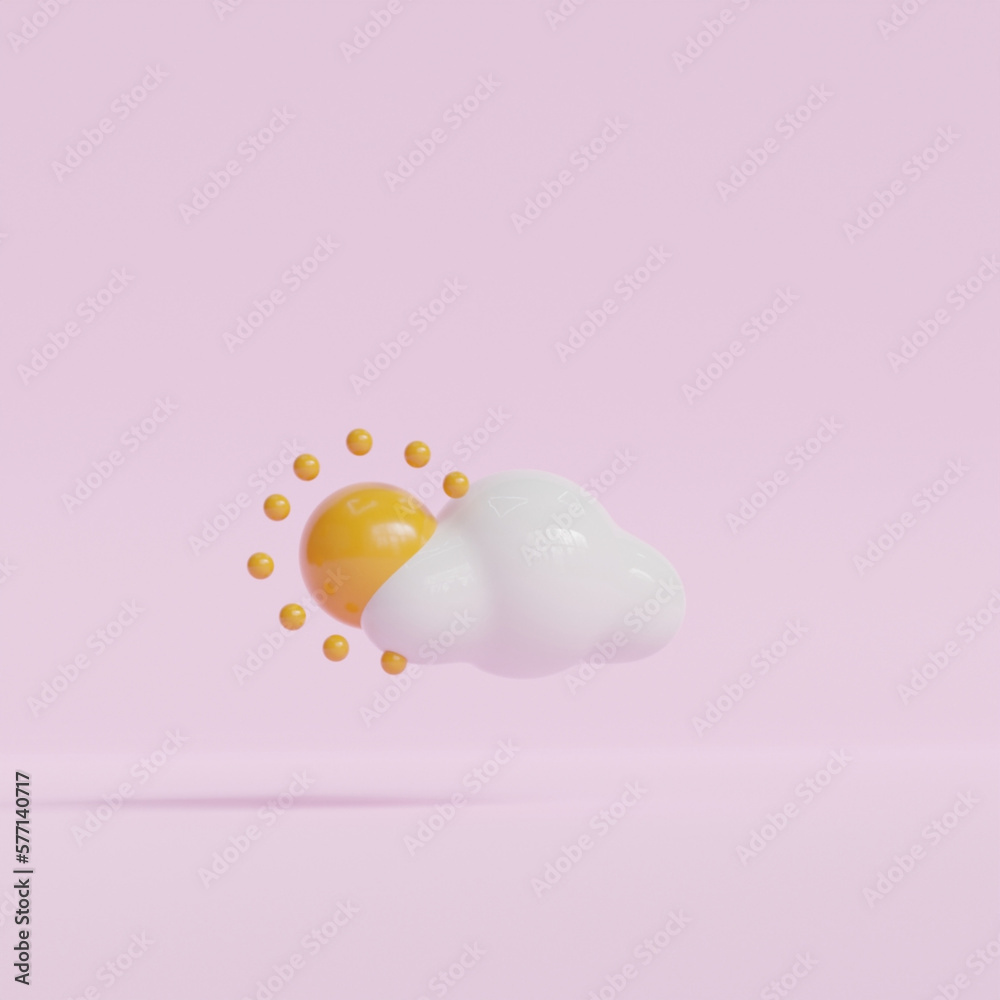 Weather Forecast icon. Cloudy with sun. Meteorological Sign. On the pink background 3D Rendering.