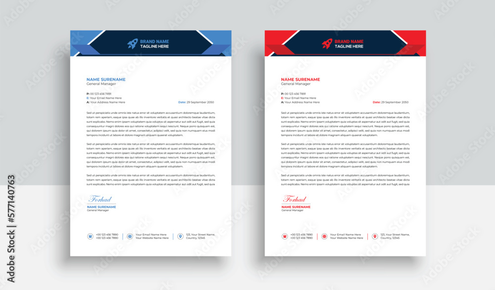 Clean and professional corporate company business letterhead template design with color variation bundle with blue, red elements and creative business stationery layout