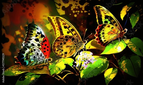  a group of butterflies sitting on top of a green leafy plant with red and yellow spots on it's wings and wings,.  generative ai