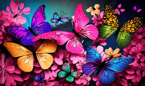  a bunch of colorful butterflies flying over a bunch of pink and yellow flowers on a black background with a blue sky in the back ground.  generative ai
