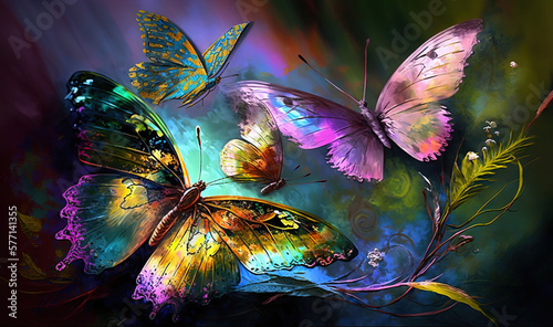  a group of colorful butterflies flying through the air over a field of grass and flowers in the background is a black frame with a black border around the edges.  generative ai © Nadia