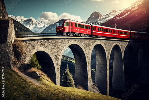 Bernina express train moves on Landwasser Viaduct, Bernina Express train on Landwasser Viaduct in the Swiss Alps, Generative AI photo