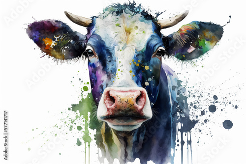 Purple Cow Head Illustration, Watercolor painting  Graphic Design.