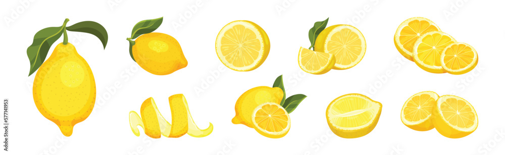 Bright Lemon with Yellow Skin and Green Leaf Vector Set