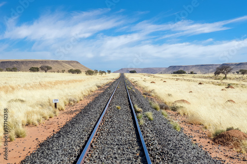 Railway in african savannah landscape  railroad in savanna grassland with mountains on background  Namibia  South Africa 