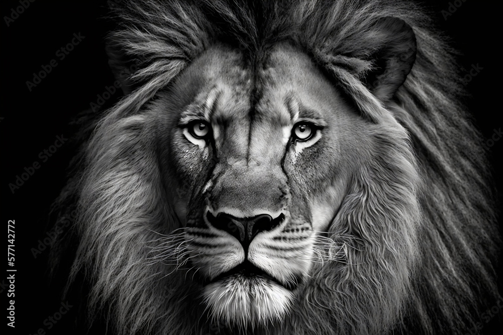 Lion portrait in black and white, Close-up of Wild African Lion's Face in Black and White, Generative AI