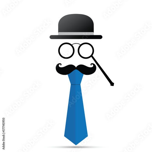Black mustache, lorgnette, hat and blue tie on white background