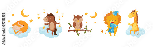 Cute Little Animals Sleeping Under Starry Sky with Crescent Vector Set