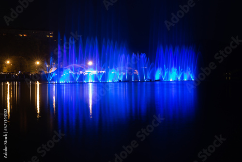 View of the musical singing fountains on the lake Abrau-Durso. Novorossiysk. Russia. 05.01.2021