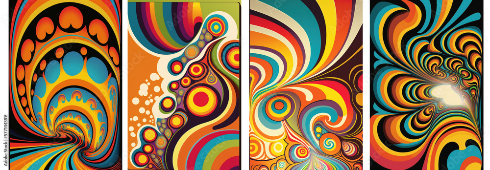 Psychedelic abstract background cover banner design. Retro 60s 70s pattern. Generative ai