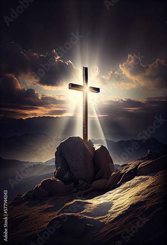 Cross on the mountain with sun light, belief, faith and spirituality, crucifixion and resurrection of Jesus Christ at Easter, generative AI 