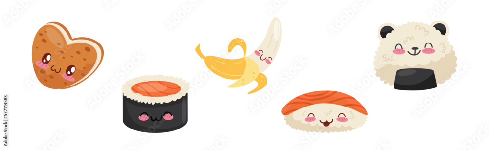 Funny Kawaii Food with Smiling Faces Vector Set Funny Kawaii Food with Smiling Faces Vector Set