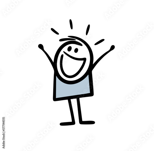 Stick figure little boy screams in delight and raises his hands up