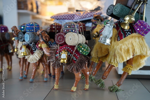 A lot of Arabic camel souvenirs. Gift shops display with some toys for tourism in the middle east Abo Dhabi, united arab emirates.