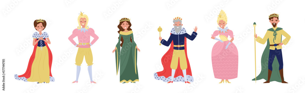 Royal Family Member with Queen, King, Prince and Princess Wearing Crown Vector Set