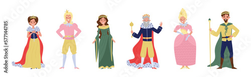 Royal Family Member with Queen, King, Prince and Princess Wearing Crown Vector Set
