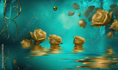 a painting of a group of roses floating in a pond of water with a gold swirl around them and a blue background with gold swirls and bubbles.  generative ai