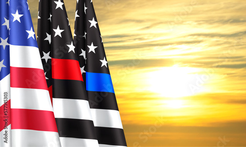 Thin Red and Blue Line. Firefighter Flag. Remembering, memories on fallen fire fighters officers on duty. Support of police and law enforcement. EPS10 vector