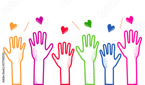 Vector human hands in doodle style. Colorful hands with hearts. Health care concept of medicine, volunteering, helping hand.
White background.