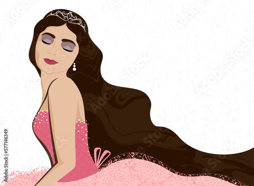 A young lady in her formal dress, quinceañera, prom, wedding, party. With grunge textures and patterns
