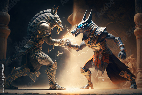 epic battle between different versions of Anubis, Generative AI photo
