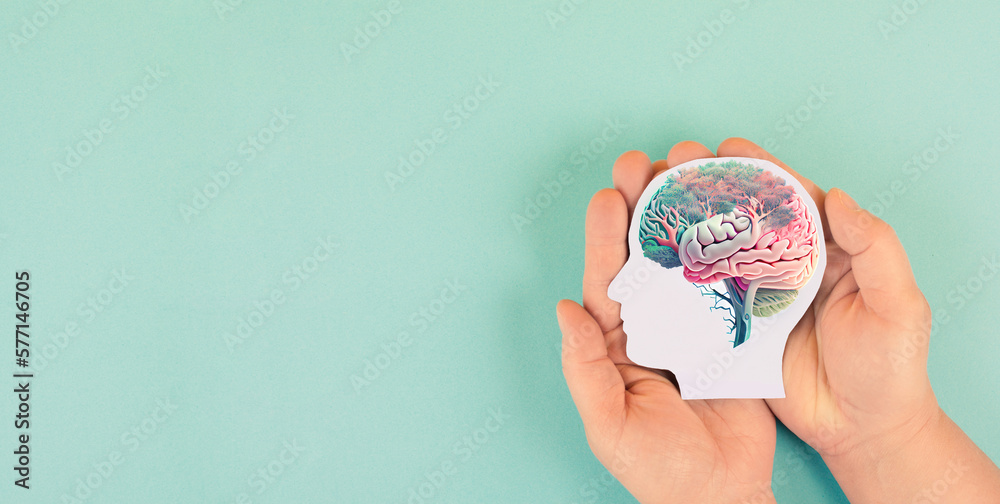 Hands holding paper head, human brain with flowers, self care and mental health concept, positive thinking, creative mind, generative AI used for brain
 - obrazy, fototapety, plakaty 