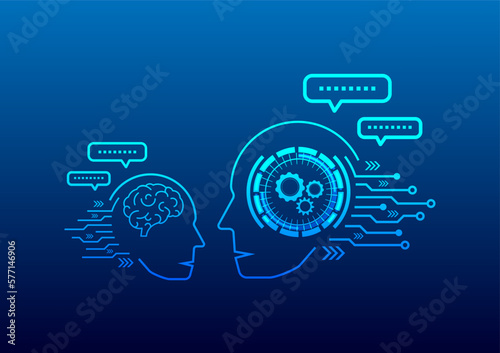 Human Chat with ai, Chat GPT. Technology communication, blue background futuristic