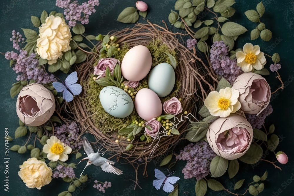 Obraz premium Easter floral composition with delicate pastel eggs and flowers in a nest
